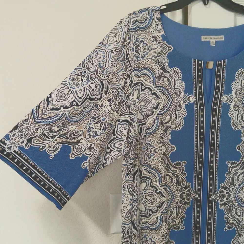 Sandra Darren blue nvy ivy keyhole round neck 3/4 sleeve shift dress  Size 2X - Picture 4 of 7